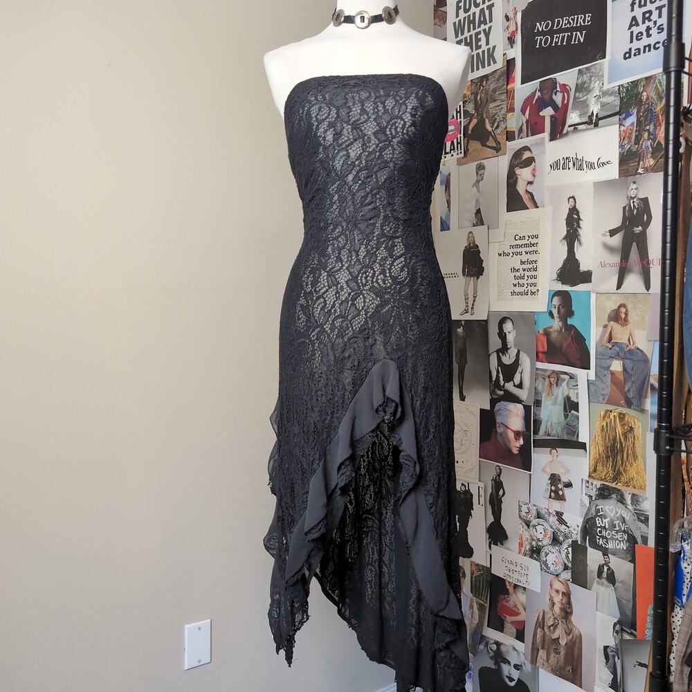 Lace Asymmetrical Hem Midi Dress Gothic